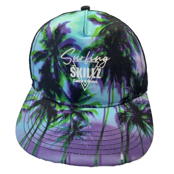 Surfing Skillz Hat H&M Black Trucker Mesh SnapBack Beach Palm Trees Blue Purple - Picture 1 of 10